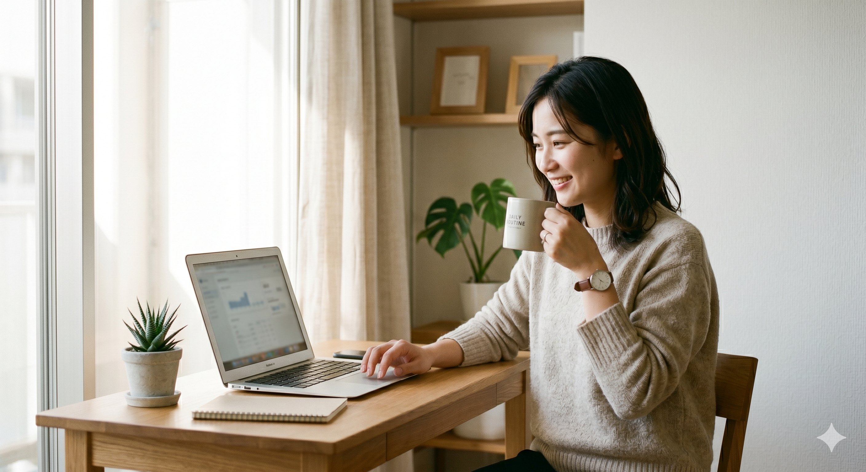 朝のコーヒーを飲みながらラップトップでX-baggerをチェックする女性